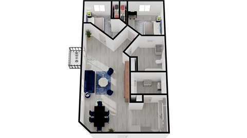 Floor plan for 2 beds, 1 bath, 842 sqft